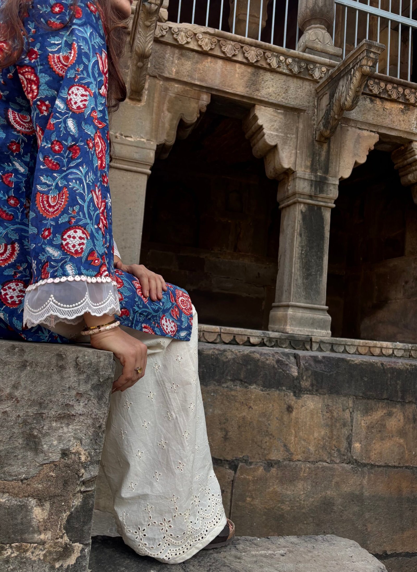 Indigo dreams– Hand Block Printed Kurti with Hakoba cotton Farshi Salwar - Image 4