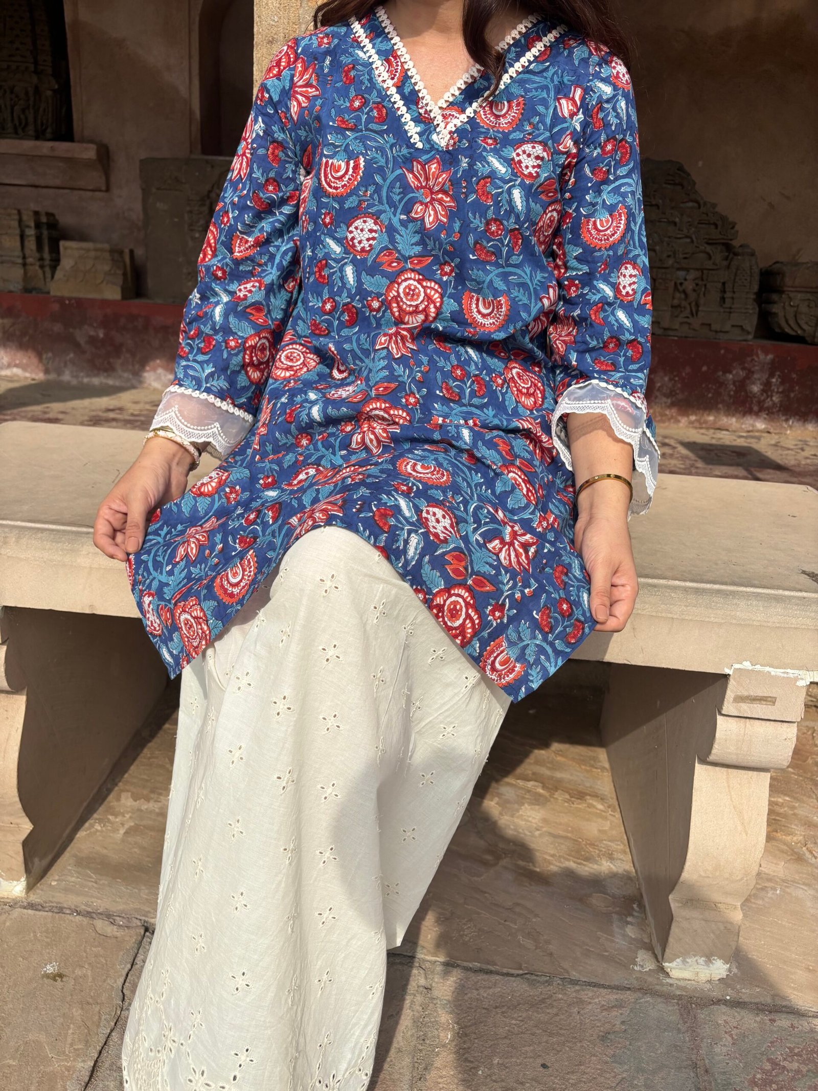 Indigo dreams– Hand Block Printed Kurti with Hakoba cotton Farshi Salwar - Image 2
