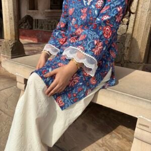 Indigo dreams– Hand Block Printed Kurti with Hakoba cotton Farshi Salwar