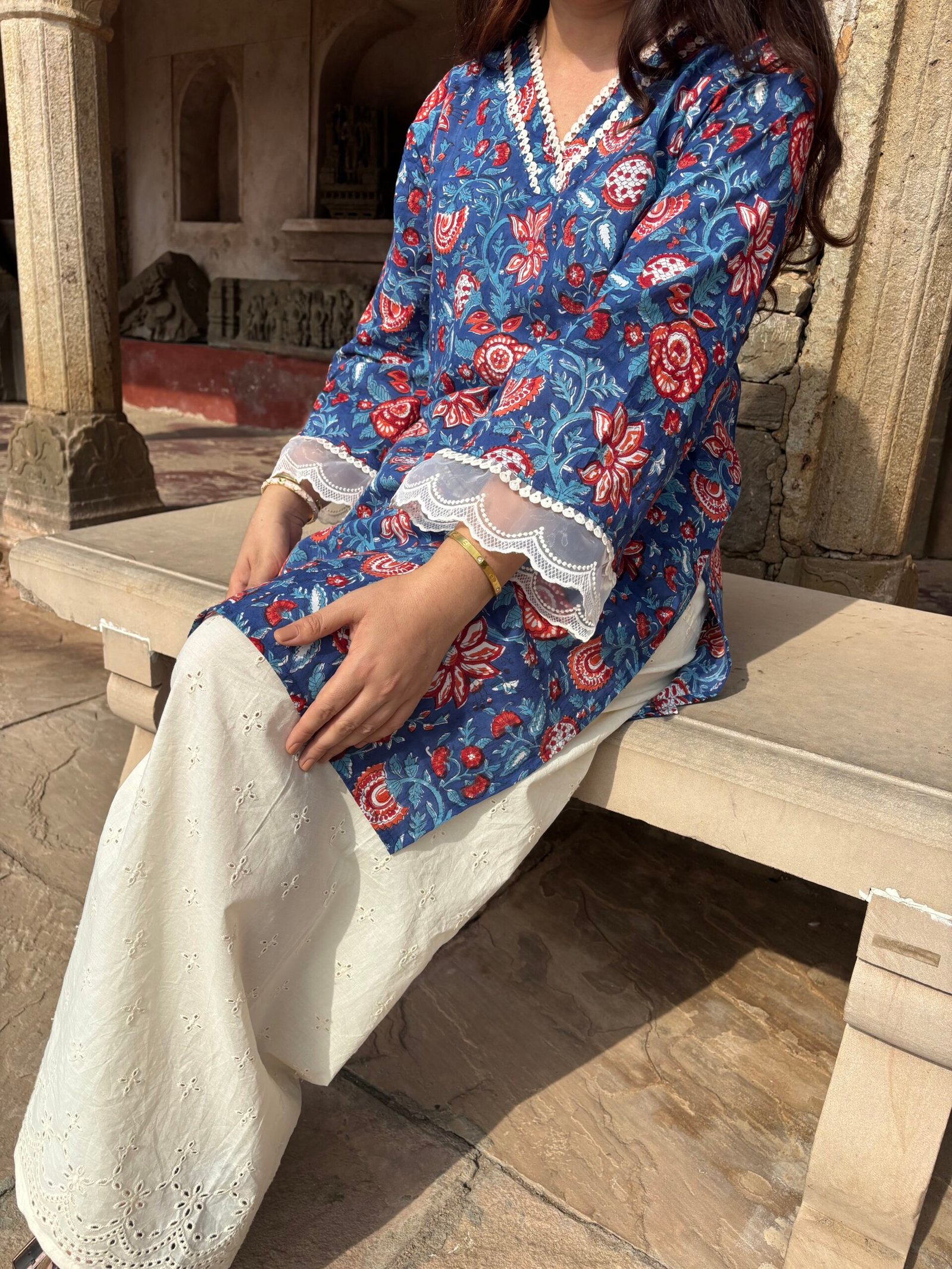 Indigo dreams– Hand Block Printed Kurti with Hakoba cotton Farshi Salwar