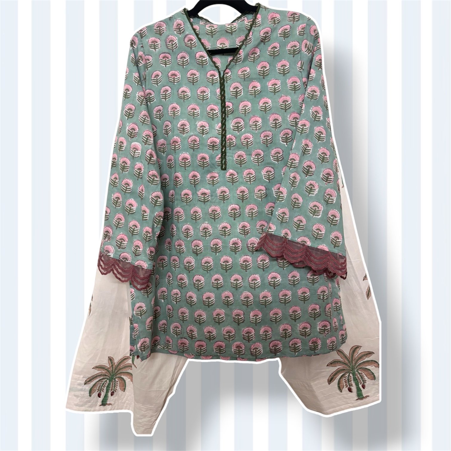 Palm Set – Hand Block Printed Kurti with Farshi Salwar - Image 2