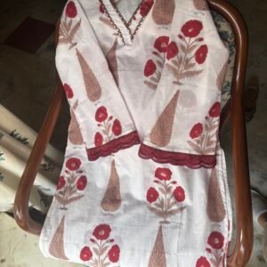 Red rose Set– Hand Block Printed Kurti with poplin cotton Farshi Salwar
